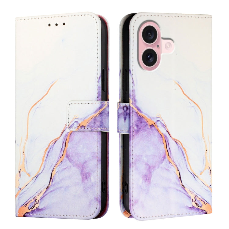 For iPhone 16 PT003 Marble Pattern Flip Leather Phone Case(White Purple LS006) - iPhone 16 Cases by PMC TechLife | Online Shopping South Africa | PMC TechLife | Buy Now Pay Later Mobicred