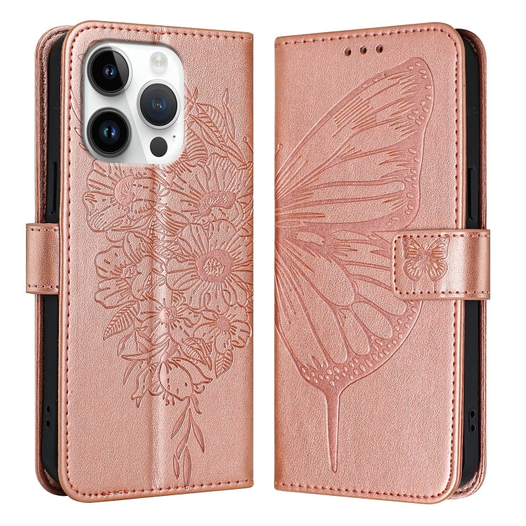 For iPhone 16 Pro Embossed Butterfly Leather Phone Case(Rose Gold) - iPhone 16 Pro Cases by PMC TechLife | Online Shopping South Africa | PMC TechLife | Buy Now Pay Later Mobicred