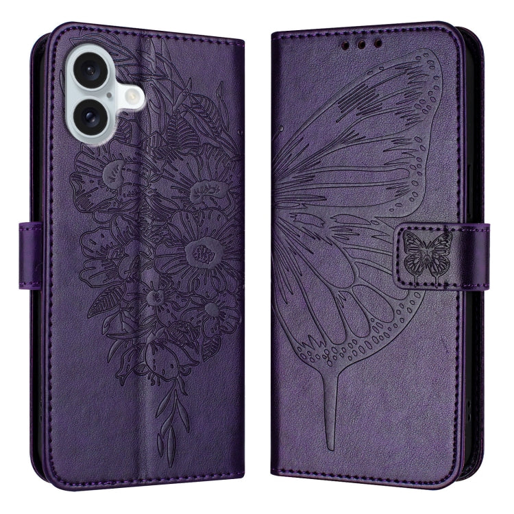 For iPhone 16 Plus Embossed Butterfly Leather Phone Case(Dark Purple) - iPhone 16 Plus Cases by PMC TechLife | Online Shopping South Africa | PMC TechLife | Buy Now Pay Later Mobicred