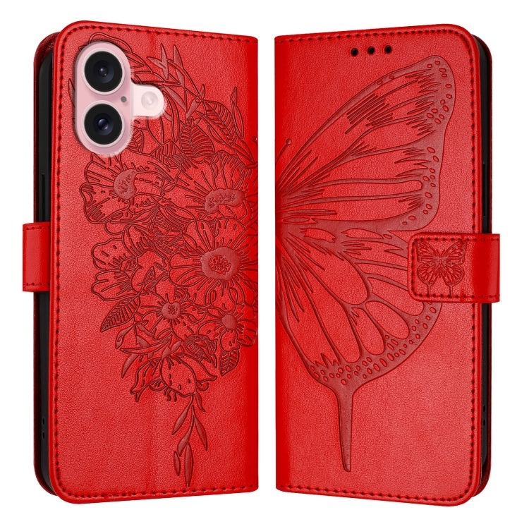 For iPhone 16 Embossed Butterfly Leather Phone Case(Red) - iPhone 16 Cases by PMC TechLife | Online Shopping South Africa | PMC TechLife | Buy Now Pay Later Mobicred