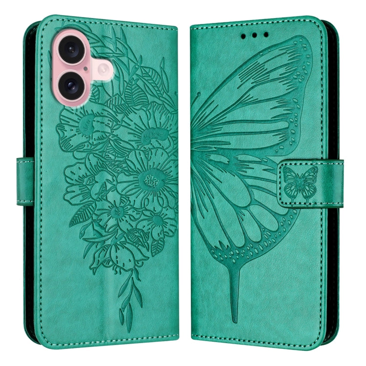 For iPhone 16 Embossed Butterfly Leather Phone Case(Green) - iPhone 16 Cases by PMC TechLife | Online Shopping South Africa | PMC TechLife | Buy Now Pay Later Mobicred