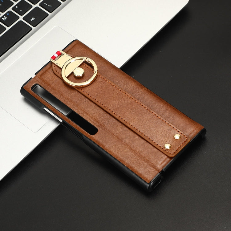 For Huawei Mate Xs 2 Wristband Leather Back Phone Case(Brown) - Huawei Cases by PMC TechLife | Online Shopping South Africa | PMC TechLife