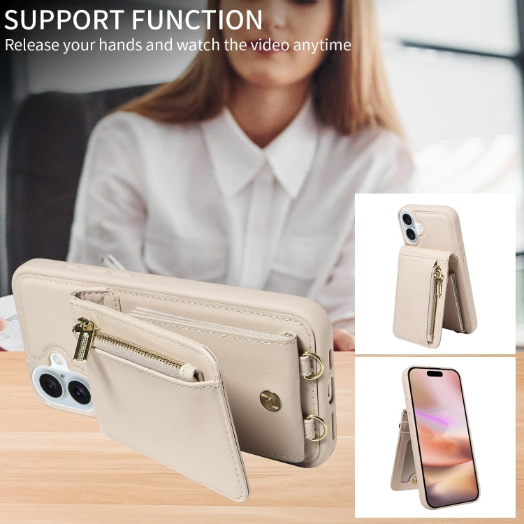 For iPhone 16 Plus Crossbody Lanyard Zipper Wallet Leather Phone Case(Beige) - free shipping - PMC Jewellery - Order now!