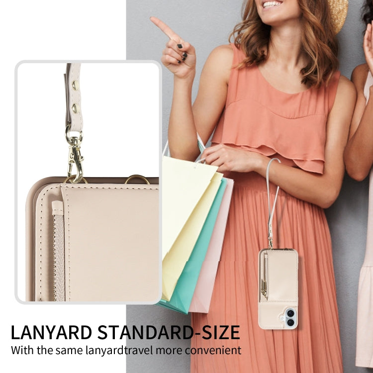 For iPhone 16 Plus Crossbody Lanyard Zipper Wallet Leather Phone Case(Beige) - free shipping - PMC Jewellery - Order now!