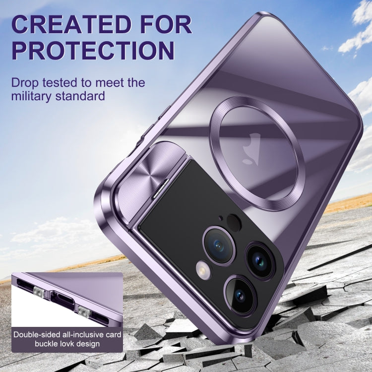 For iPhone 15 Large Window Holder MagSafe Magnetic Metal Phone Case(Purple) - iPhone 15 Cases by PMC TechLife | Online Shopping South Africa | PMC TechLife