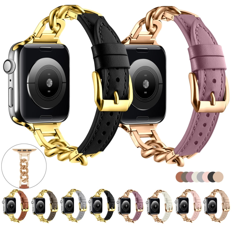 For Apple Watch SE 2023 44mm Chain Genuine Leather Watch Band, Size: L(Gold Dark Brown) - free shipping - PMC TechLife - Order now!