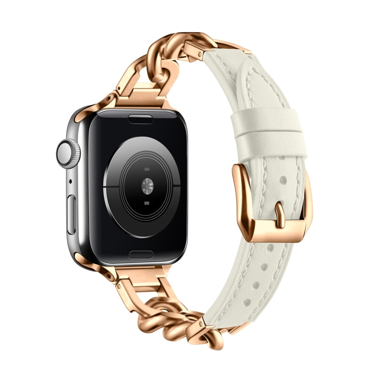 For Apple Watch Series 8 45mm Chain Genuine Leather Watch Band, Size: S(Rose Gold Beige) - free shipping - PMC TechLife - Order now!