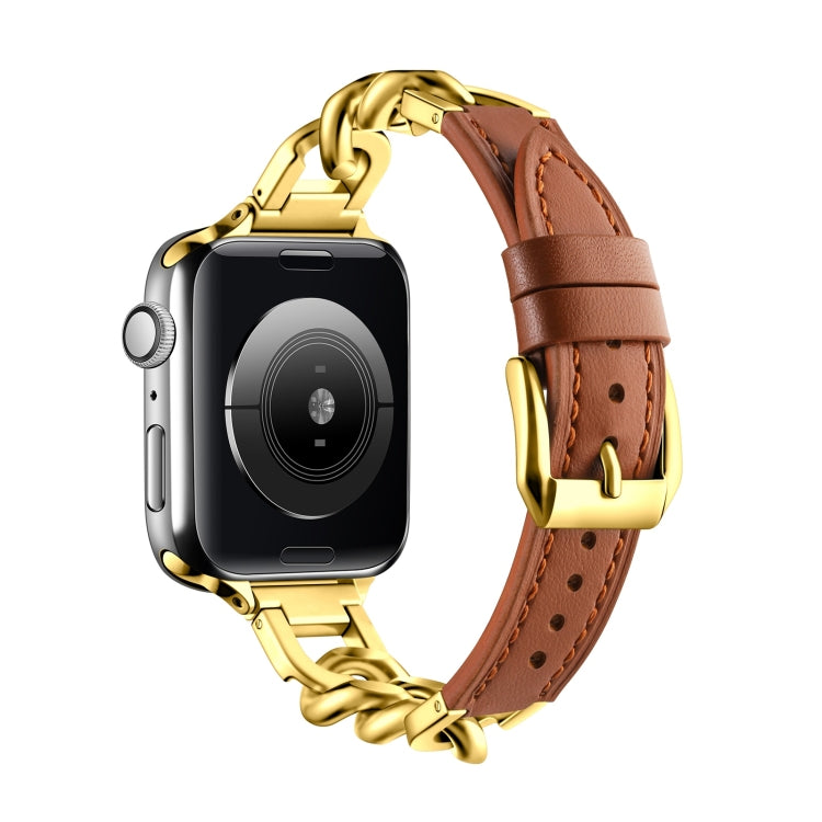 For Apple Watch SE 2022 40mm Chain Genuine Leather Watch Band, Size: S(Gold Brown) - free shipping - PMC TechLife - Order now!