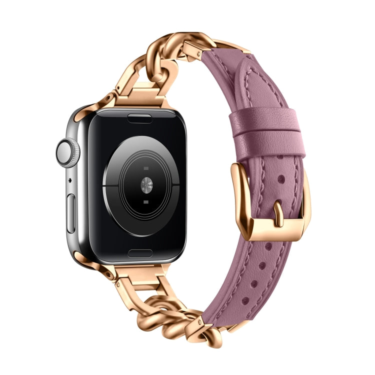 For Apple Watch Series 6 44mm Chain Genuine Leather Watch Band, Size: S(Rose Gold Pale Mauve) - free shipping - PMC TechLife - Order now!
