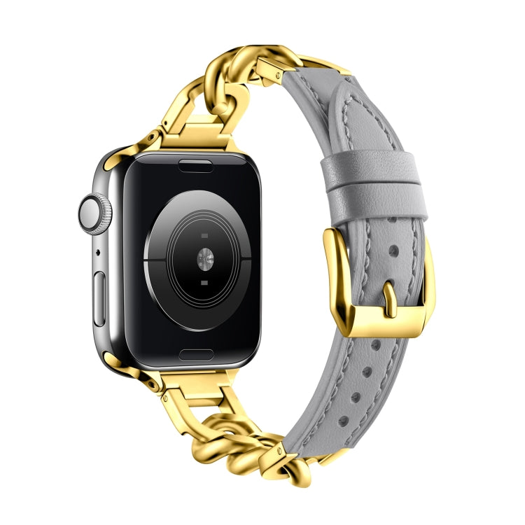 For Apple Watch SE 2023 44mm Chain Genuine Leather Watch Band, Size: S(Gold Grey) - free shipping - PMC TechLife - Order now!