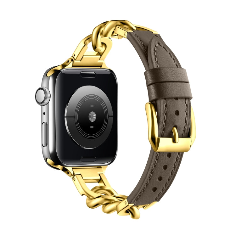 For Apple Watch Series 10 46mm Chain Genuine Leather Watch Band, Size: S(Gold Dark Brown) - free shipping - PMC TechLife - Order now!