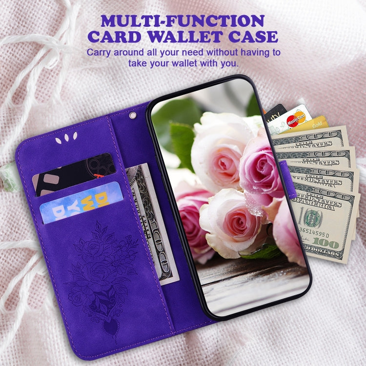 For Motorola Moto G Play 4G 2024 Butterfly Rose Embossed Leather Phone Case(Purple) - Motorola Cases by PMC Jewellery | Online Shopping South Africa | PMC Jewellery | Buy Now Pay Later Mobicred