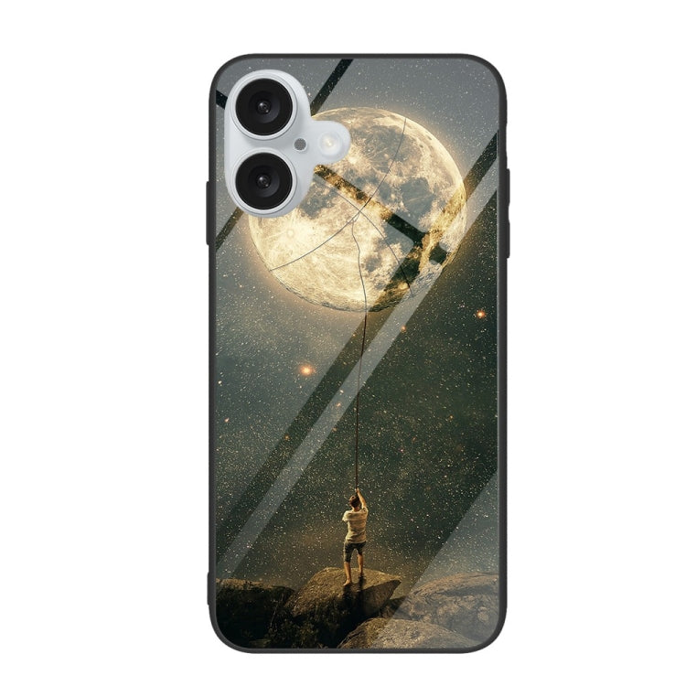 For iPhone 16 Plus Colorful Painted Glass Phone Case(Moon) - iPhone 16 Plus Cases by PMC TechLife | Online Shopping South Africa | PMC TechLife | Buy Now Pay Later Mobicred