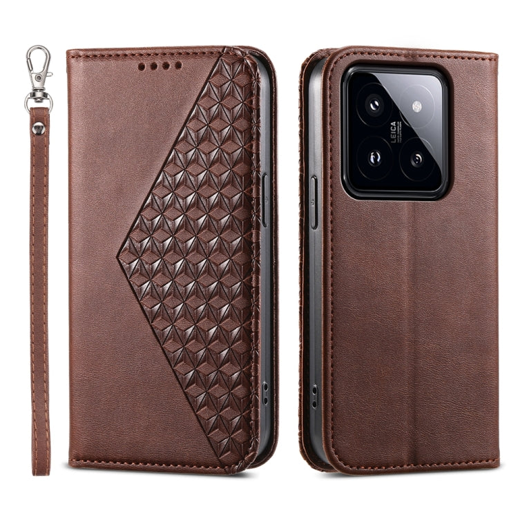 For Xiaomi 14 Pro Cubic Grid Calf Texture Magnetic Leather Phone Case(Brown) - 14 Pro Cases by PMC TechLife | Online Shopping South Africa | PMC TechLife | Buy Now Pay Later Mobicred