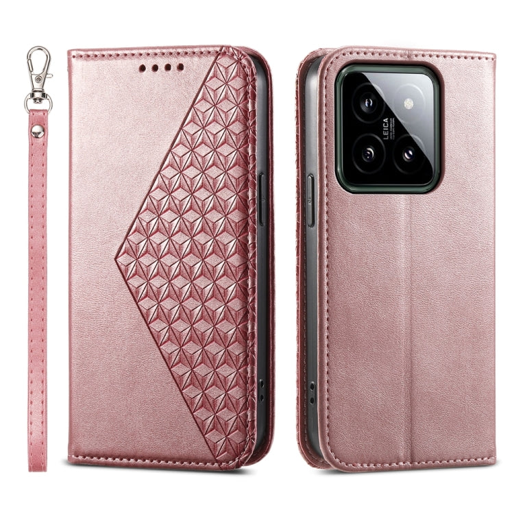 For Xiaomi 14 Cubic Grid Calf Texture Magnetic Leather Phone Case(Rose Gold) - 14 Cases by PMC TechLife | Online Shopping South Africa | PMC TechLife | Buy Now Pay Later Mobicred