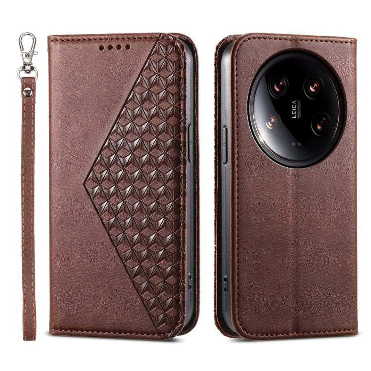 For Xiaomi 14 Ultra Cubic Grid Calf Texture Magnetic Leather Phone Case(Brown) - 14 Ultra Cases by PMC TechLife | Online Shopping South Africa | PMC TechLife | Buy Now Pay Later Mobicred