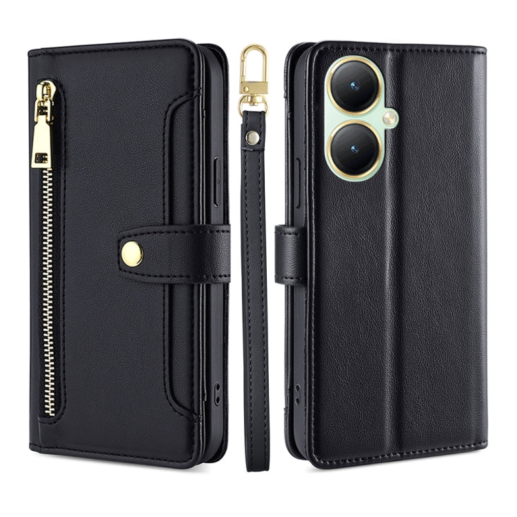 For vivo Y35+ 5G Lite Sheep Texture Cross-body Zipper Wallet Leather Phone Case(Black) - vivo Cases by PMC TechLife | Online Shopping South Africa | PMC TechLife | Buy Now Pay Later Mobicred