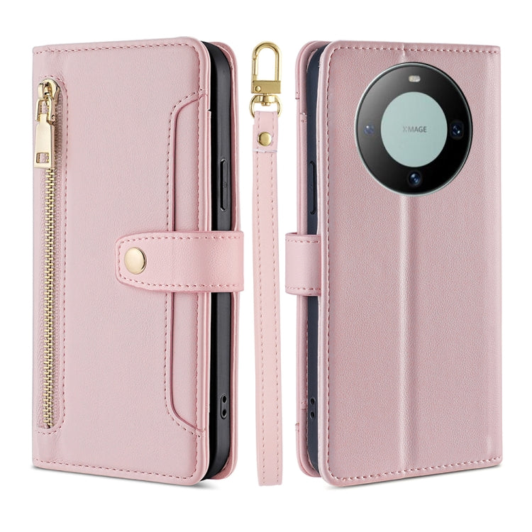 For Huawei Mate 60 Lite Sheep Texture Cross-body Zipper Wallet Leather Phone Case(Pink) - Huawei Cases by PMC TechLife | Online Shopping South Africa | PMC TechLife | Buy Now Pay Later Mobicred