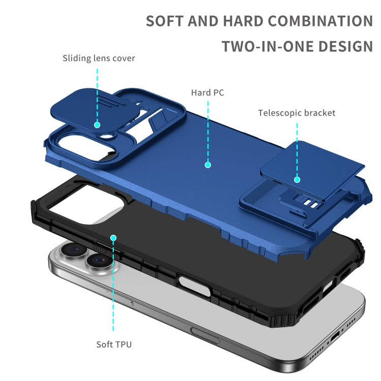 For iPhone 16 Plus Stereoscopic Holder Sliding Camshield Phone Case(Blue) - free shipping - PMC TechLife - Order now!