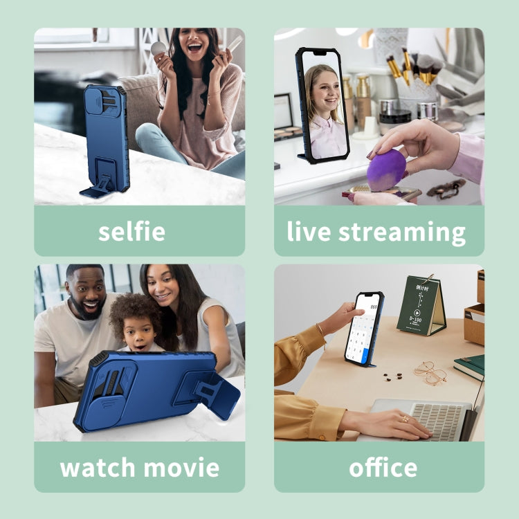 For iPhone 16 Stereoscopic Holder Sliding Camshield Phone Case(Blue) - iPhone 16 Cases by PMC TechLife | Online Shopping South Africa | PMC TechLife | Buy Now Pay Later Mobicred