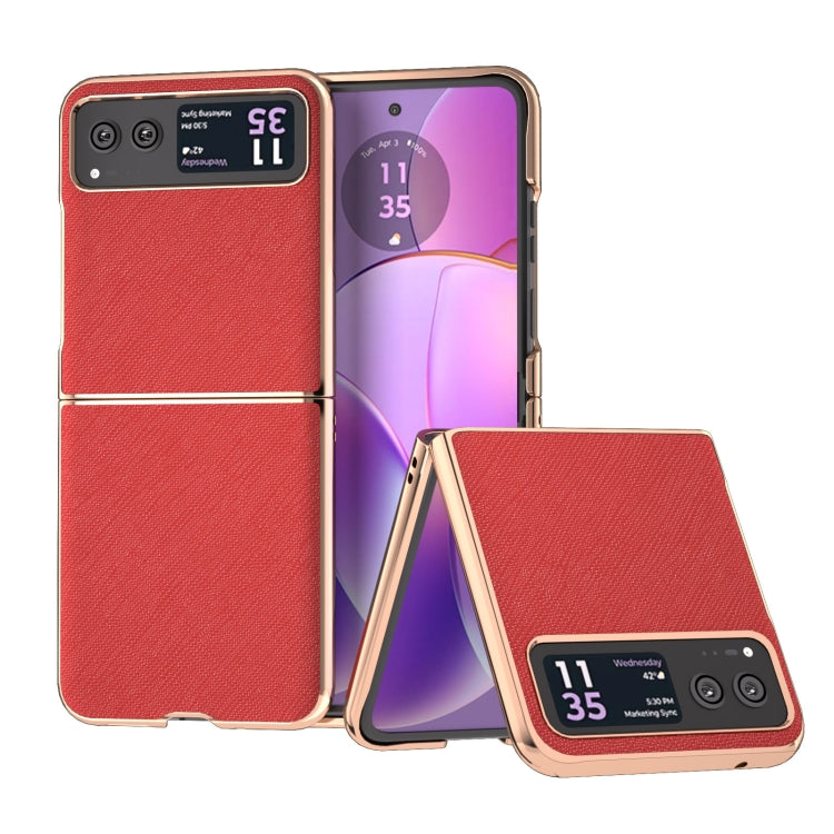 For Motorola Razr 40 Nano Electroplating Cross Texture Genuine Leather Phone Case(Red) - Motorola Cases by PMC TechLife | Online Shopping South Africa | PMC TechLife | Buy Now Pay Later Mobicred
