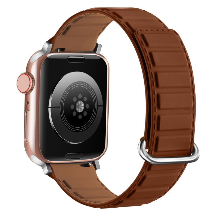 For Apple Watch SE 44mm Reverse Buckle Magnetic Silicone Watch Band(Silver Buckle Brown) - free shipping - PMC TechLife - Order now!