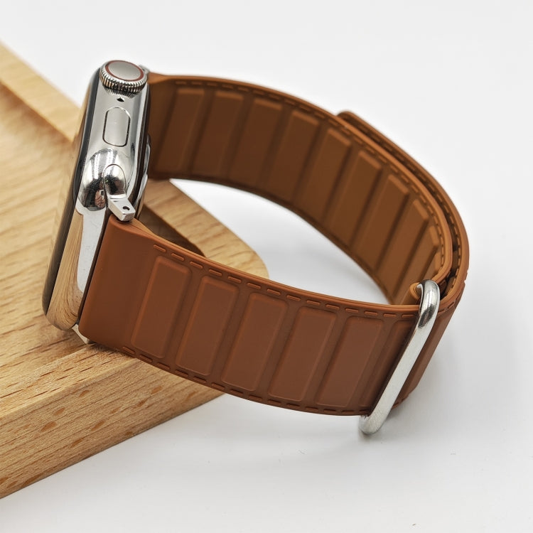 For Apple Watch SE 44mm Reverse Buckle Magnetic Silicone Watch Band(Silver Buckle Brown) - free shipping - PMC TechLife - Order now!