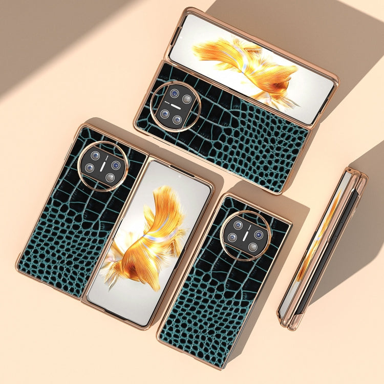 For Huawei Mate X3 Nano Plating Genuine Leather Crocodile Pattern Phone Case(Blue) - Huawei Cases by PMC TechLife | Online Shopping South Africa | PMC TechLife | Buy Now Pay Later Mobicred