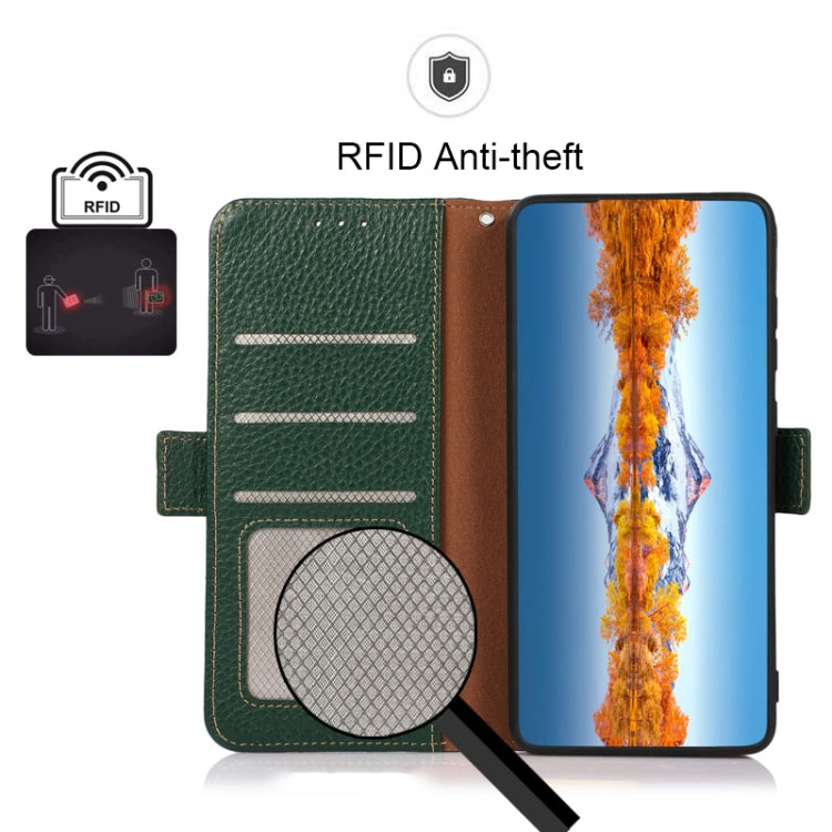 For Motorola Edge 40 KHAZNEH Side-Magnetic Litchi Genuine Leather RFID Phone Case(Green) - Motorola Cases by PMC TechLife | Online Shopping South Africa | PMC TechLife | Buy Now Pay Later Mobicred