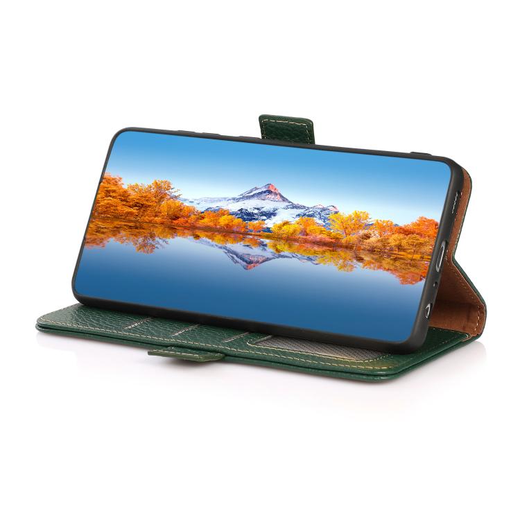 For Motorola Moto G15 4G / G05 KHAZNEH Side-Magnetic Litchi Genuine Leather RFID Phone Case(Green) - Motorola Cases by PMC TechLife | Online Shopping South Africa | PMC TechLife | Buy Now Pay Later Mobicred