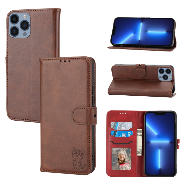 For iPhone 16 Pro Embossed Happy Cat Pattern Flip Leather Phone Case(Brown) - iPhone 16 Pro Cases by PMC TechLife | Online Shopping South Africa | PMC TechLife | Buy Now Pay Later Mobicred