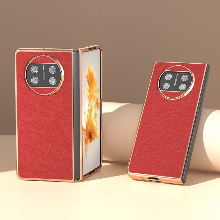 For Huawei Mate X3 Electroplating Cross Texture Genuine Leather Phone Case(Red) - Huawei Cases by PMC TechLife | Online Shopping South Africa | PMC TechLife | Buy Now Pay Later Mobicred