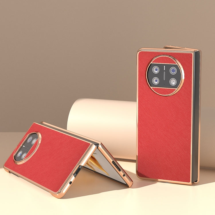 For Huawei Mate X3 Electroplating Cross Texture Genuine Leather Phone Case(Red) - Huawei Cases by PMC TechLife | Online Shopping South Africa | PMC TechLife | Buy Now Pay Later Mobicred