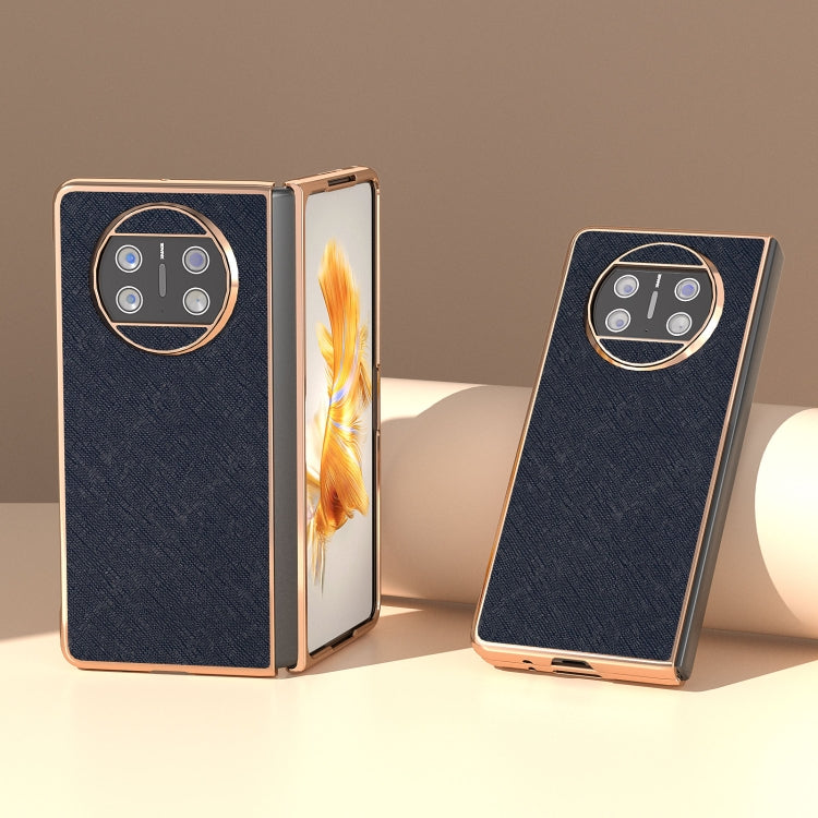 For Huawei Mate X3 Electroplating Cross Texture Genuine Leather Phone Case(Blue) - Huawei Cases by PMC TechLife | Online Shopping South Africa | PMC TechLife | Buy Now Pay Later Mobicred