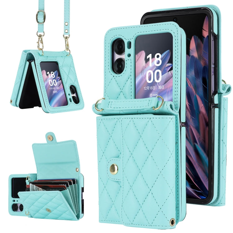 For OPPO Find N2 Flip Rhombic Texture Card Bag PU Phone Case with Long Lanyard(Mint Green) - Find N2 Flip Cases by PMC TechLife | Online Shopping South Africa | PMC TechLife