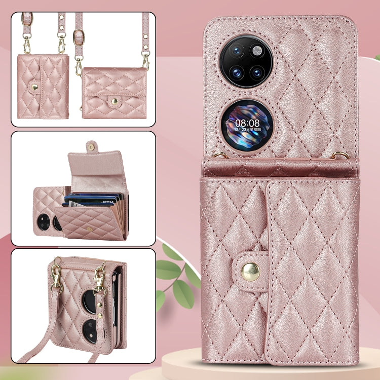 For Huawei P50 Pocket Rhombic Texture Card Bag PU Phone Case with Long Lanyard(Rose Gold) - Huawei Cases by PMC TechLife | Online Shopping South Africa | PMC TechLife | Buy Now Pay Later Mobicred