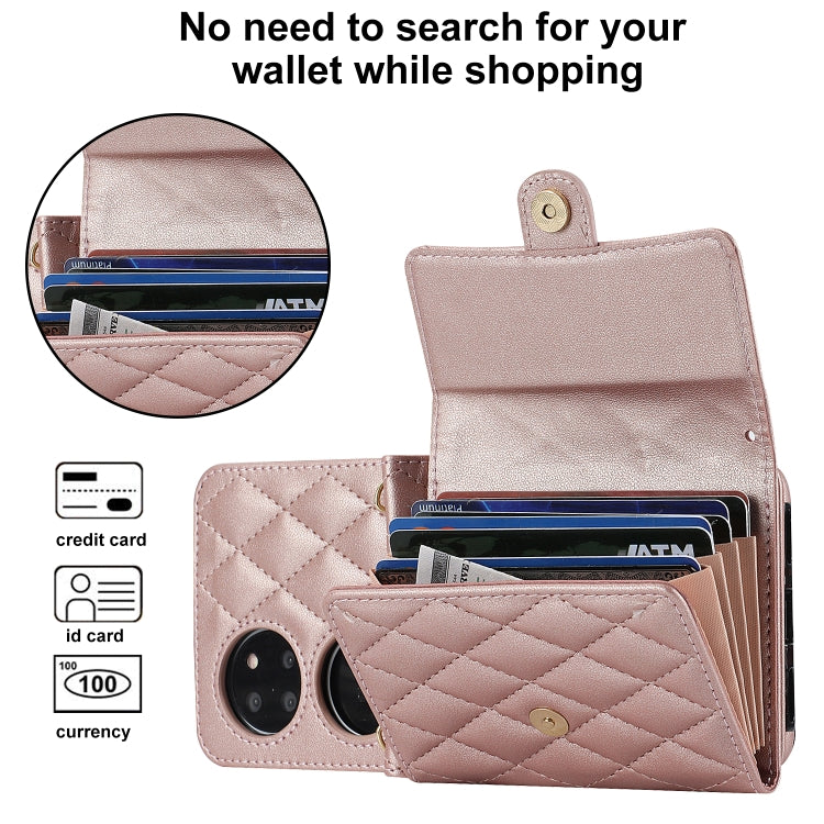 For Huawei P50 Pocket Rhombic Texture Card Bag PU Phone Case with Long Lanyard(Rose Gold) - Huawei Cases by PMC TechLife | Online Shopping South Africa | PMC TechLife | Buy Now Pay Later Mobicred