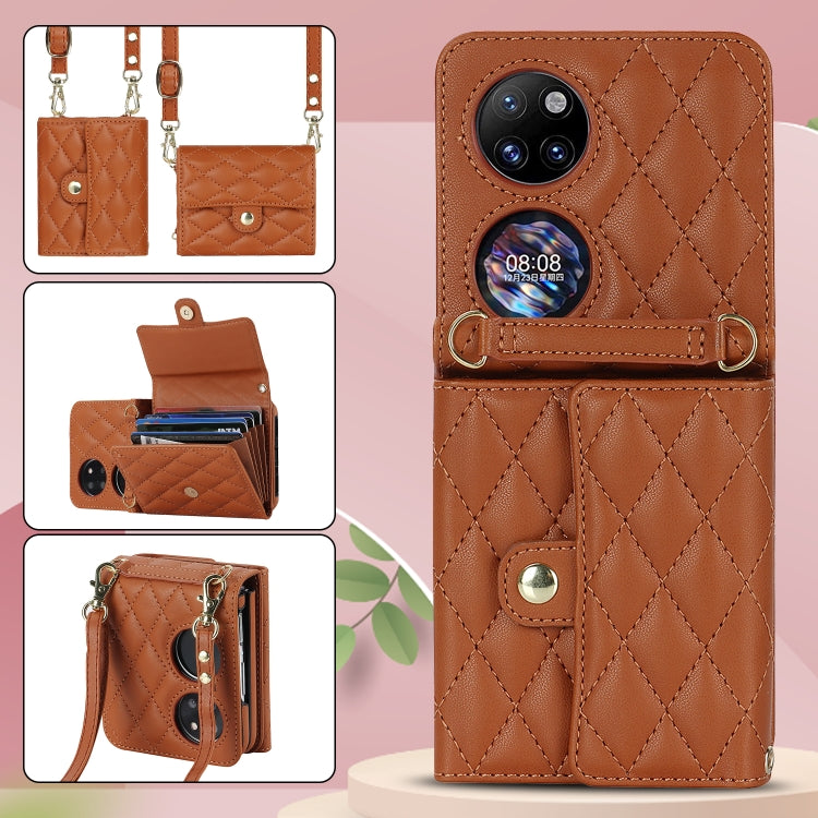For Huawei P50 Pocket Rhombic Texture Card Bag PU Phone Case with Long Lanyard(Brown) - Huawei Cases by PMC TechLife | Online Shopping South Africa | PMC TechLife | Buy Now Pay Later Mobicred