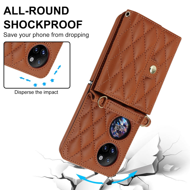 For Huawei P50 Pocket Rhombic Texture Card Bag PU Phone Case with Long Lanyard(Brown) - Huawei Cases by PMC TechLife | Online Shopping South Africa | PMC TechLife | Buy Now Pay Later Mobicred