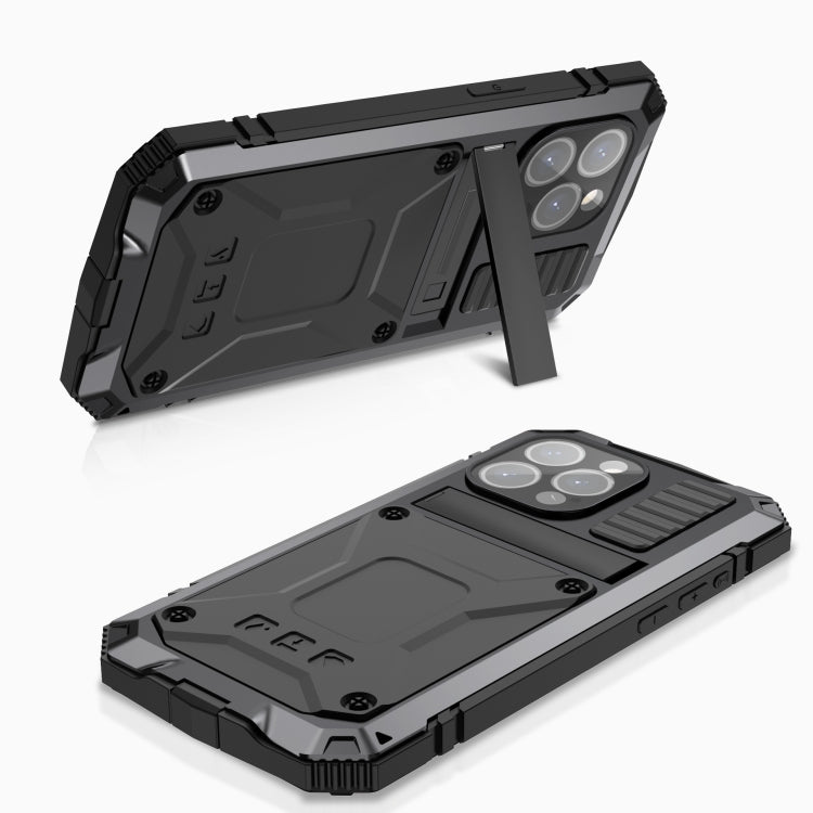 For iPhone 15 Pro R-JUST Shockproof Life Waterproof Dust-proof Metal + Silicone Phone Case with Holder(Black) - iPhone 15 Pro Cases by R-JUST | Online Shopping South Africa | PMC TechLife | Buy Now Pay Later Mobicred