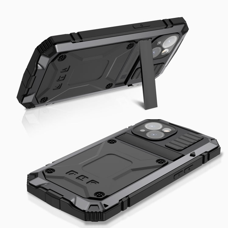 For iPhone 15 R-JUST Shockproof Life Waterproof Dust-proof Metal + Silicone Phone Case with Holder(Black) - iPhone 15 Cases by R-JUST | Online Shopping South Africa | PMC TechLife | Buy Now Pay Later Mobicred