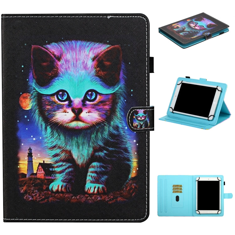 For 10 inch Universal Tablet Colored Drawing Stitching Horizontal Flip Leather Case with Holder & Card Slots & Anti-skid strip(Night Cat) - 7 inch by PMC TechLife | Online Shopping South Africa | PMC TechLife | Buy Now Pay Later Mobicred