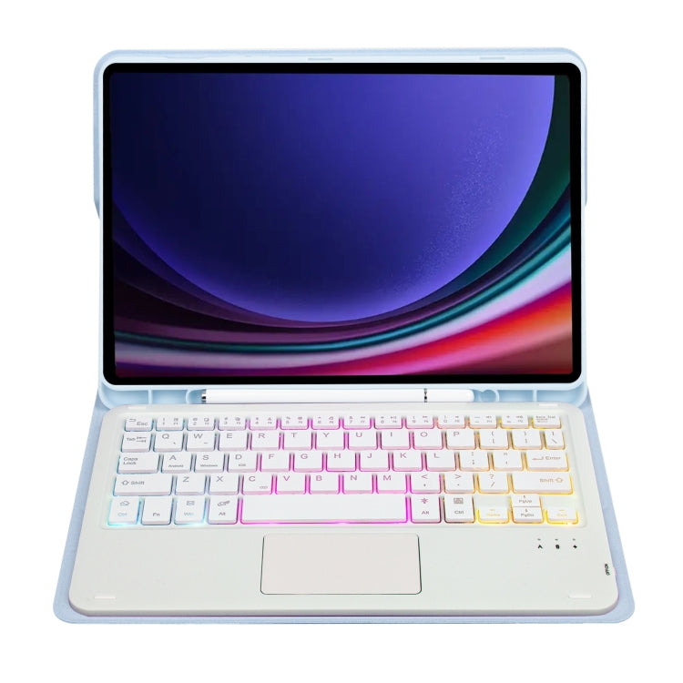 For Samsung Galaxy Tab S9 FE Candy Color Touch Backlight Bluetooth Keyboard Leather Tablet Case with Pen Holder(Ice Blue) - Samsung Keyboard by PMC TechLife | Online Shopping South Africa | PMC TechLife