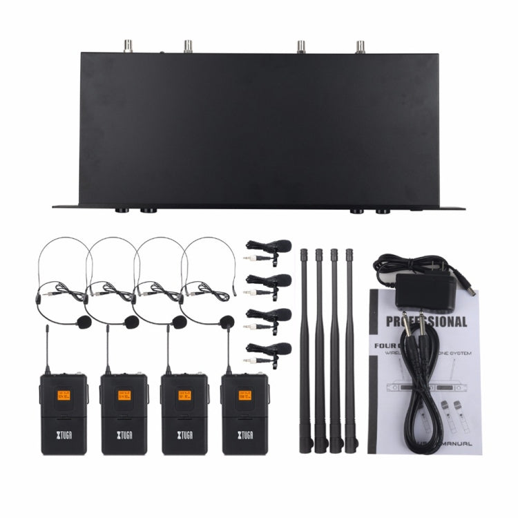 XTUGA A400-B Professional 4-Channel UHF Wireless Microphone System with 4 BodyPack Lavalier Headset Microphone(EU Plug) - Microphone by XTUGA | Online Shopping South Africa | PMC TechLife