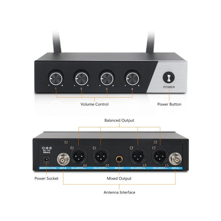 XTUGA S400 Professional 4-Channel UHF Wireless Microphone System with 4 Handheld Microphone(EU Plug) - Microphone by XTUGA | Online Shopping South Africa | PMC TechLife | Buy Now Pay Later Mobicred