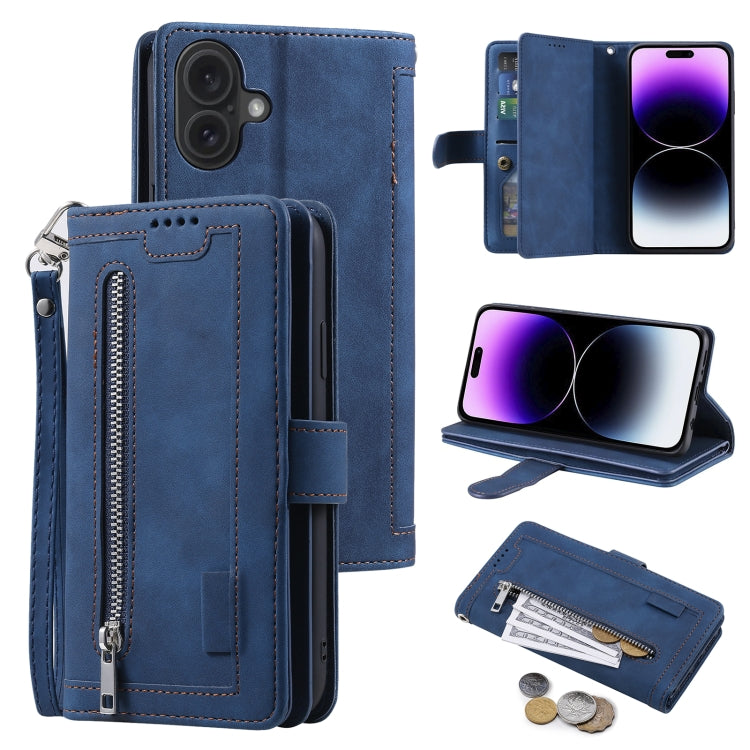 For iPhone 16 Plus Nine Card Zipper Bag Leather Phone Case with Lanyard(Blue) - iPhone 16 Plus Cases by PMC TechLife | Online Shopping South Africa | PMC TechLife | Buy Now Pay Later Mobicred