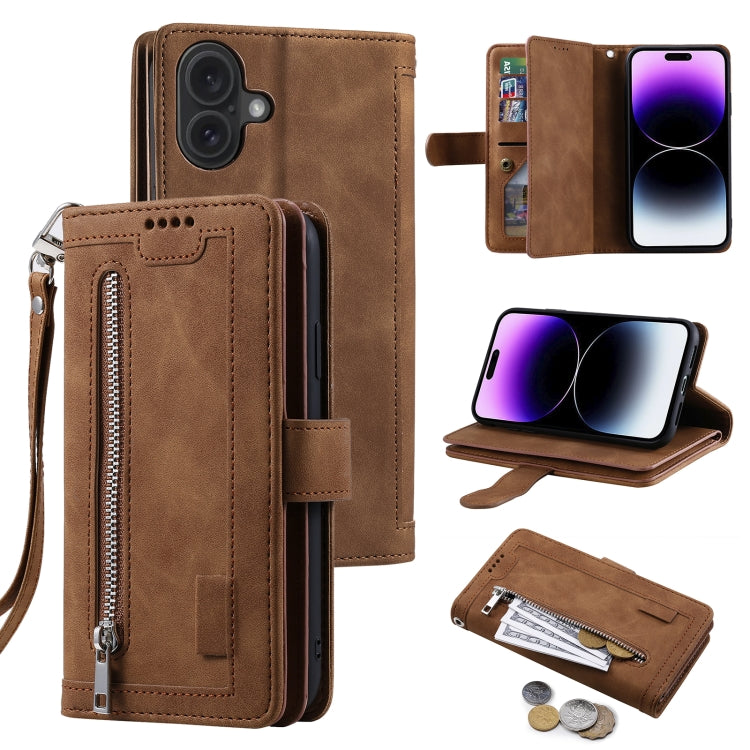 For iPhone 16 Nine Card Zipper Bag Leather Phone Case with Lanyard(Brown) - iPhone 16 Cases by PMC TechLife | Online Shopping South Africa | PMC TechLife | Buy Now Pay Later Mobicred