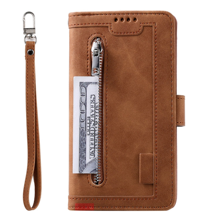 For iPhone 16 Nine Card Zipper Bag Leather Phone Case with Lanyard(Brown) - iPhone 16 Cases by PMC TechLife | Online Shopping South Africa | PMC TechLife | Buy Now Pay Later Mobicred