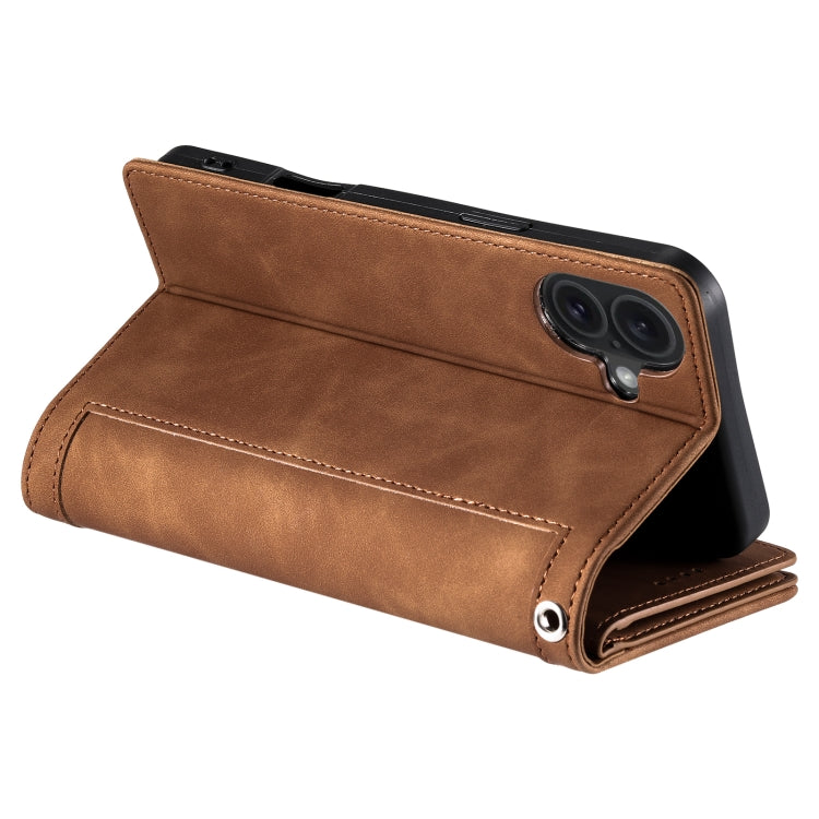 For iPhone 16 Nine Card Zipper Bag Leather Phone Case with Lanyard(Brown) - iPhone 16 Cases by PMC TechLife | Online Shopping South Africa | PMC TechLife | Buy Now Pay Later Mobicred