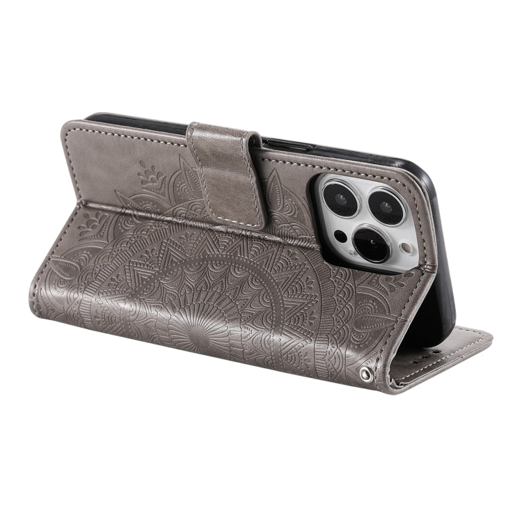For iPhone 16 Pro Max Totem Flower Embossed Leather Phone Case(Grey) - iPhone 16 Pro Max Cases by PMC TechLife | Online Shopping South Africa | PMC TechLife | Buy Now Pay Later Mobicred